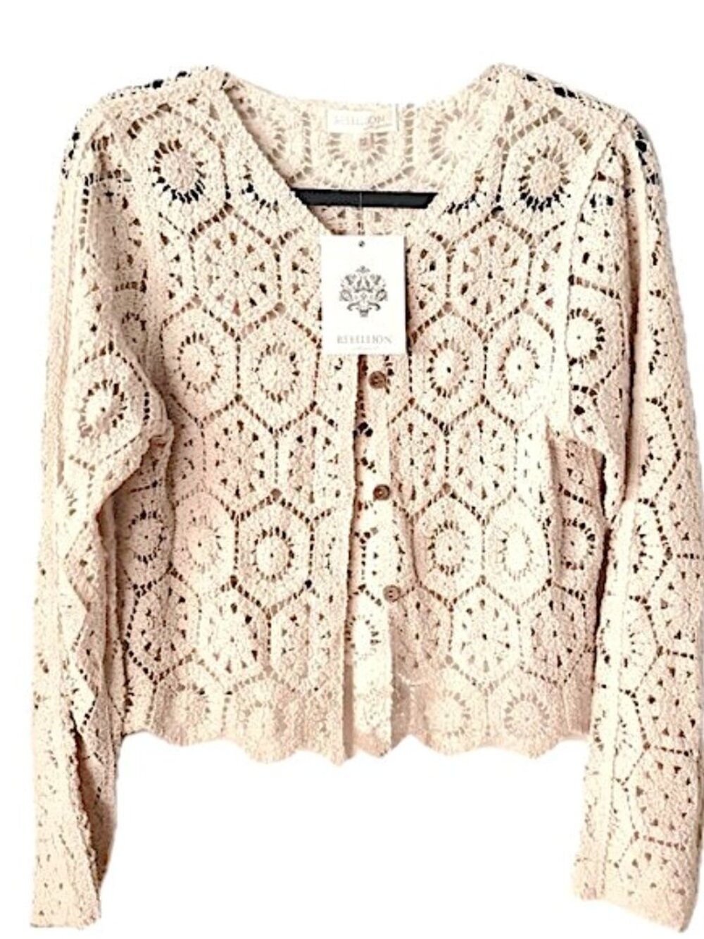 Rebellion Crocheted Cardigan Women's M Cropped Sweater Cream  NEW - Picture 6 of 13